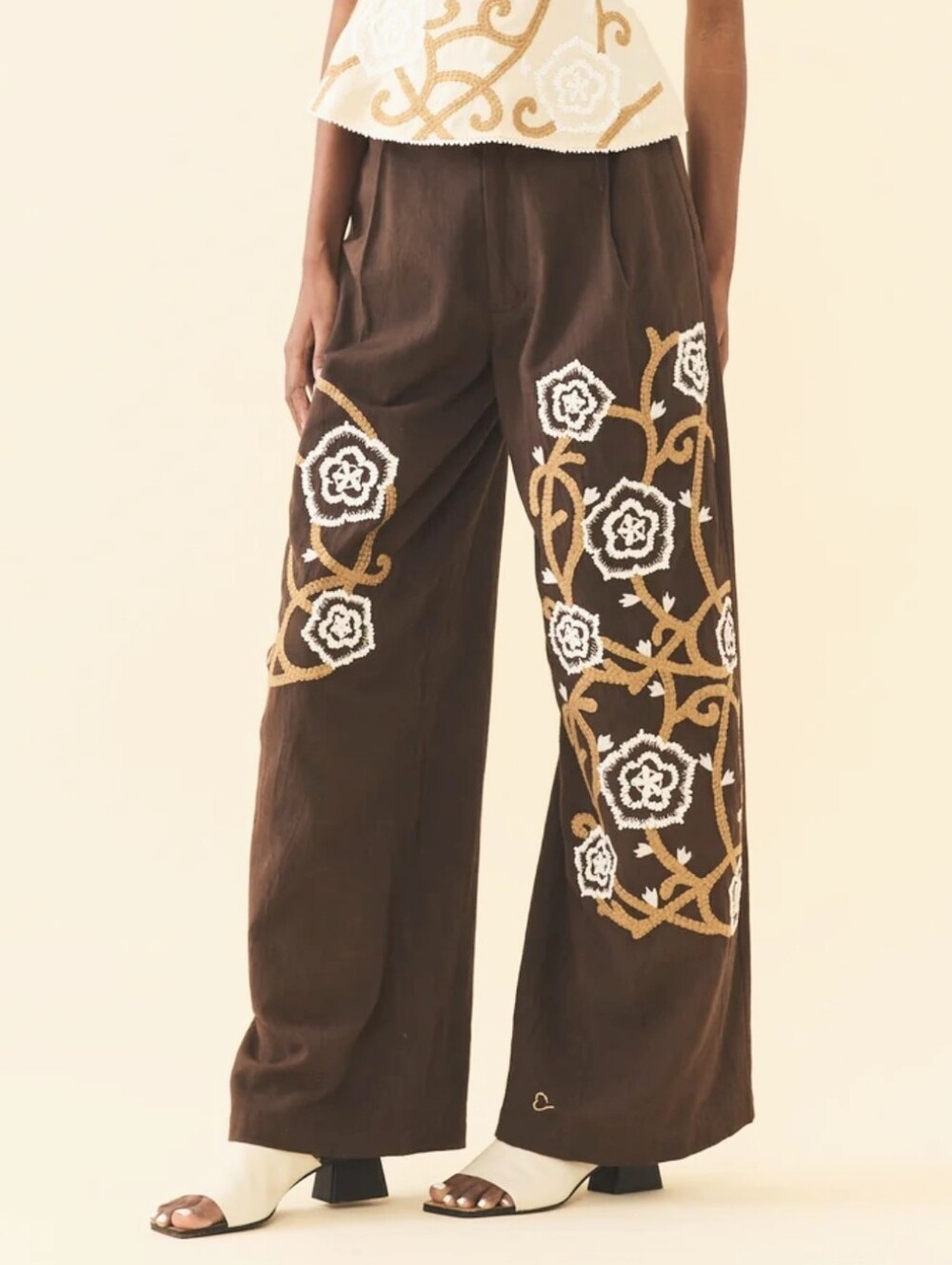 Eddy Nina Pants Embroidered Wide Leg Brown Floral